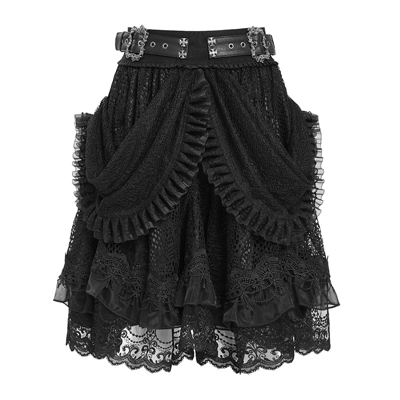Women's Gothic Buckle Strap Multilayer Hem Skirt Black - Image 7