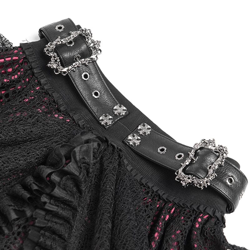 Women's Gothic Buckle Strap Multilayer Hem Skirt Red - Image 10