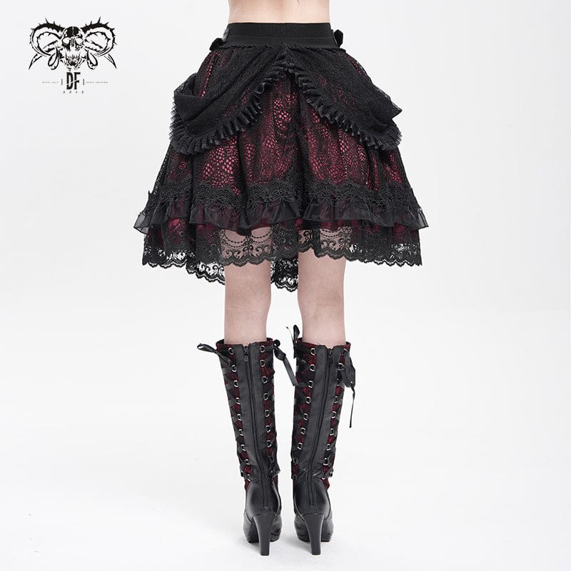 Women's Gothic Buckle Strap Multilayer Hem Skirt Red - Image 3