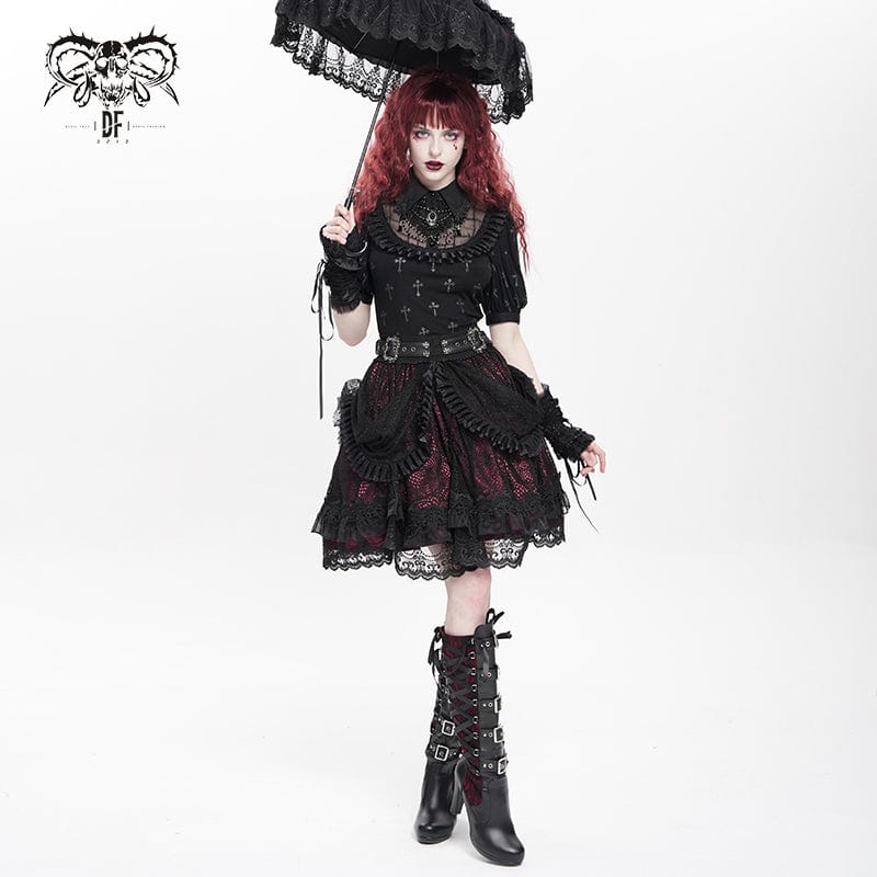Women's Gothic Buckle Strap Multilayer Hem Skirt Red - Image 4