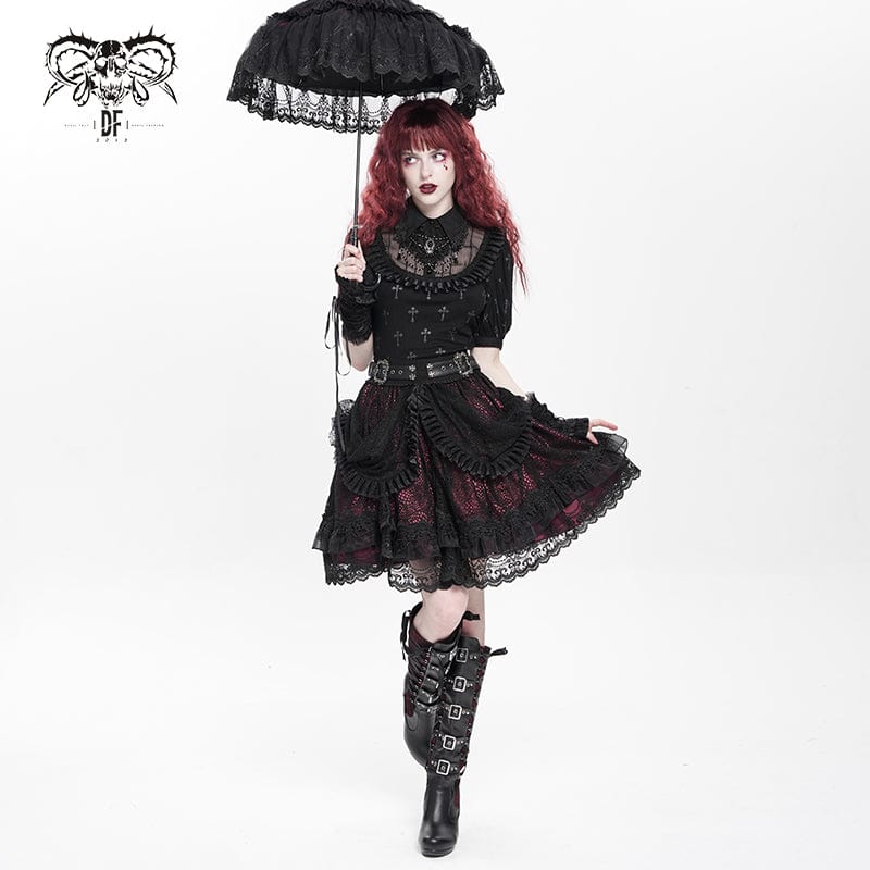 Women's Gothic Buckle Strap Multilayer Hem Skirt Red - Image 6