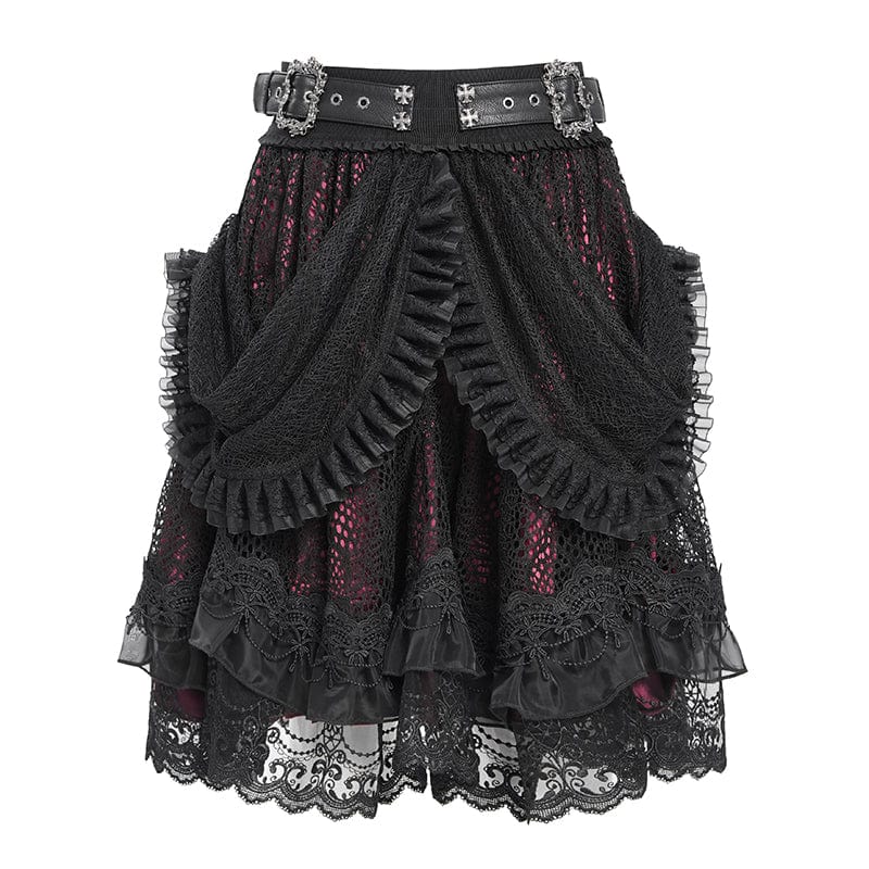 Women's Gothic Buckle Strap Multilayer Hem Skirt Red - Image 7