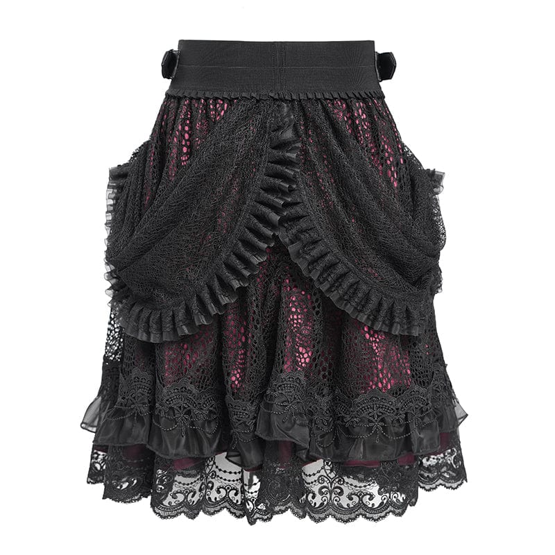 Women's Gothic Buckle Strap Multilayer Hem Skirt Red - Image 9