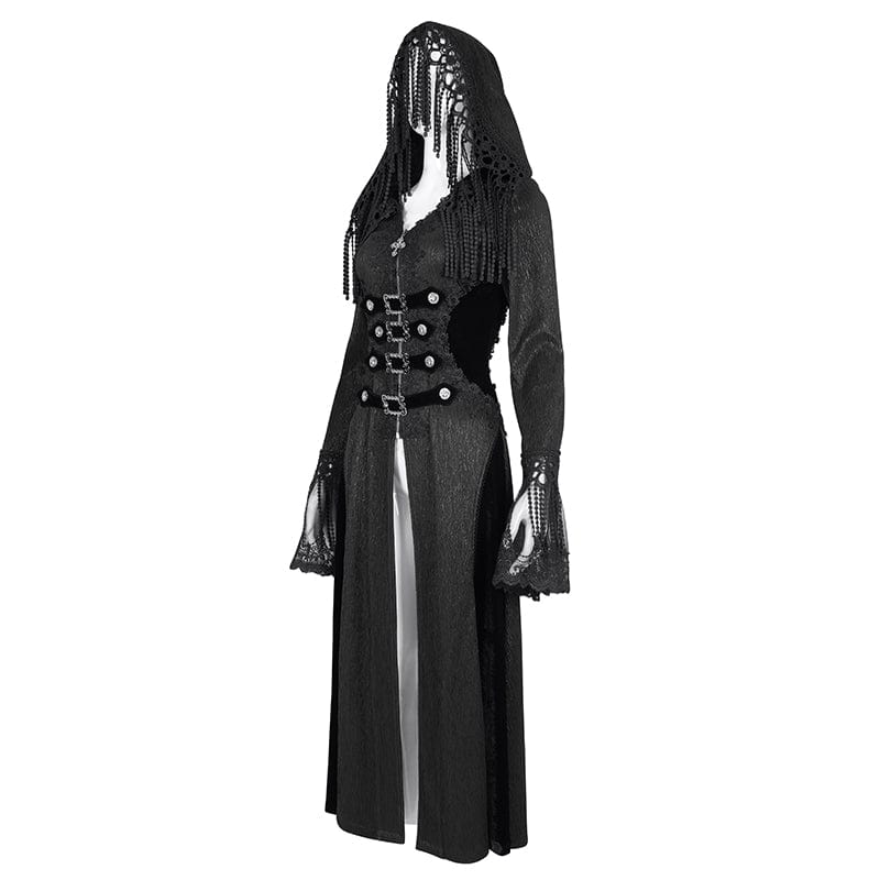 Women's Gothic Buckle-up Tassels Jacket with Hood - Image 8