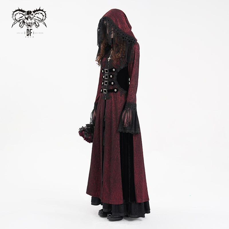 Women's Gothic Buckle-up Tassels Jacket with Hood Red - Image 4