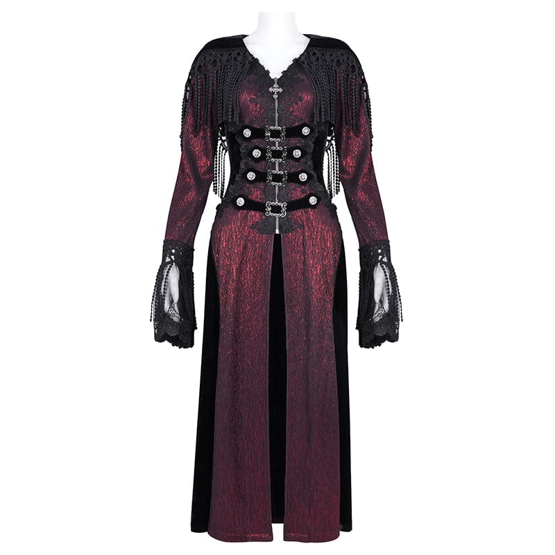 Women's Gothic Buckle-up Tassels Jacket with Hood Red - Image 7