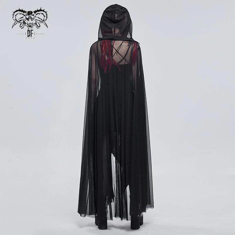Women's Gothic Buckles Sheer Long Cloak with Hood - Image 3