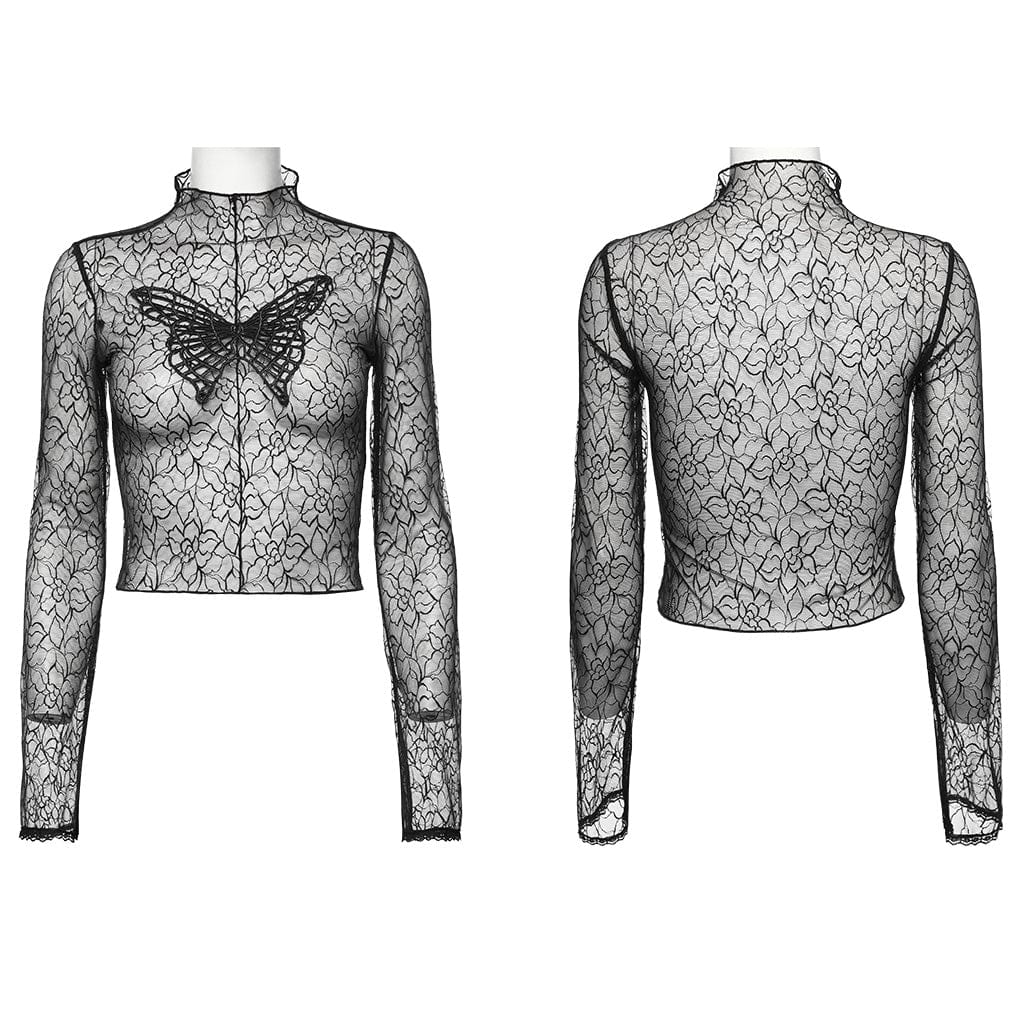 Women's Gothic Butterfly Embroidered Floral Mesh Top - Image 5