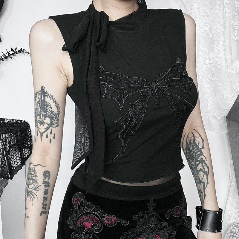 Women's Gothic Butterfly Embroidered Lace-up Tank Top - Image 3