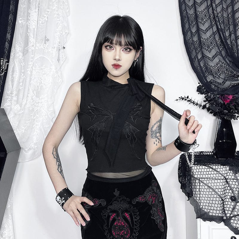 Women's Gothic Butterfly Embroidered Lace-up Tank Top - Image 6