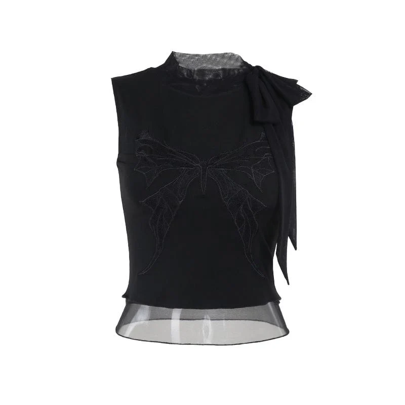 Women's Gothic Butterfly Embroidered Lace-up Tank Top - Image 7