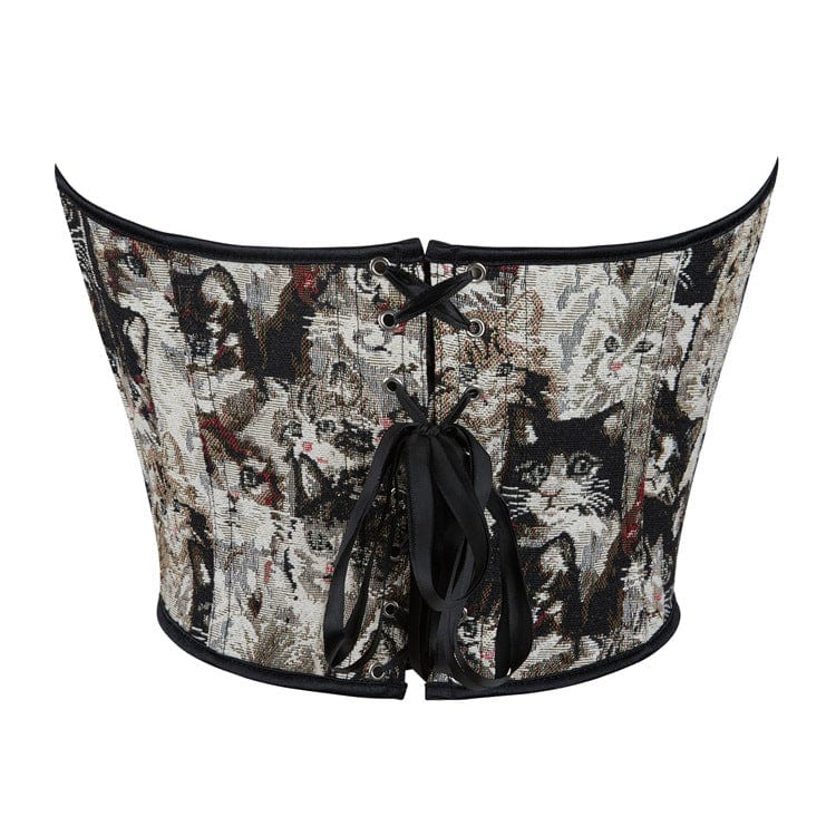 Women's Gothic Cat Embroidered Lace-up Overbust Corset - Image 3
