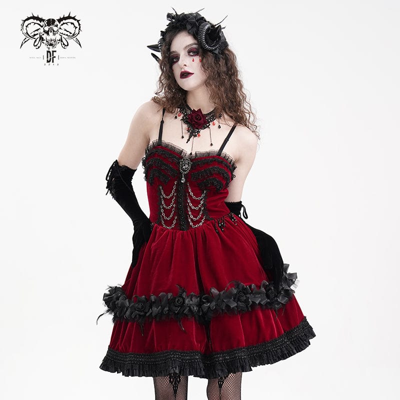 Women's Gothic Chain Ruffled Lace Short Slip Dress Graduation Dress Red - Image 2