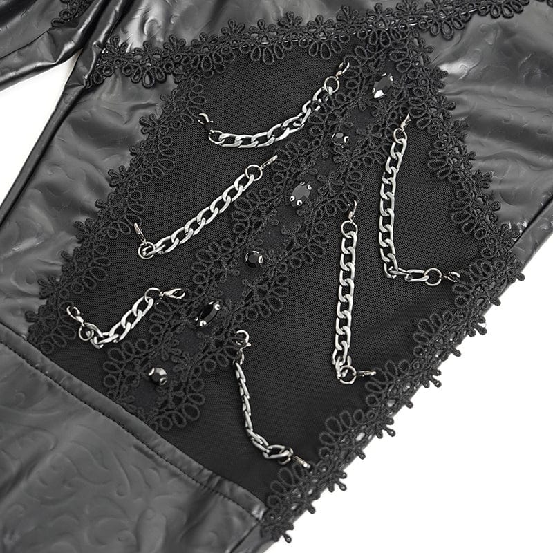 Women's Gothic Chained Lace Splice Faux Leather Pants - Image 11