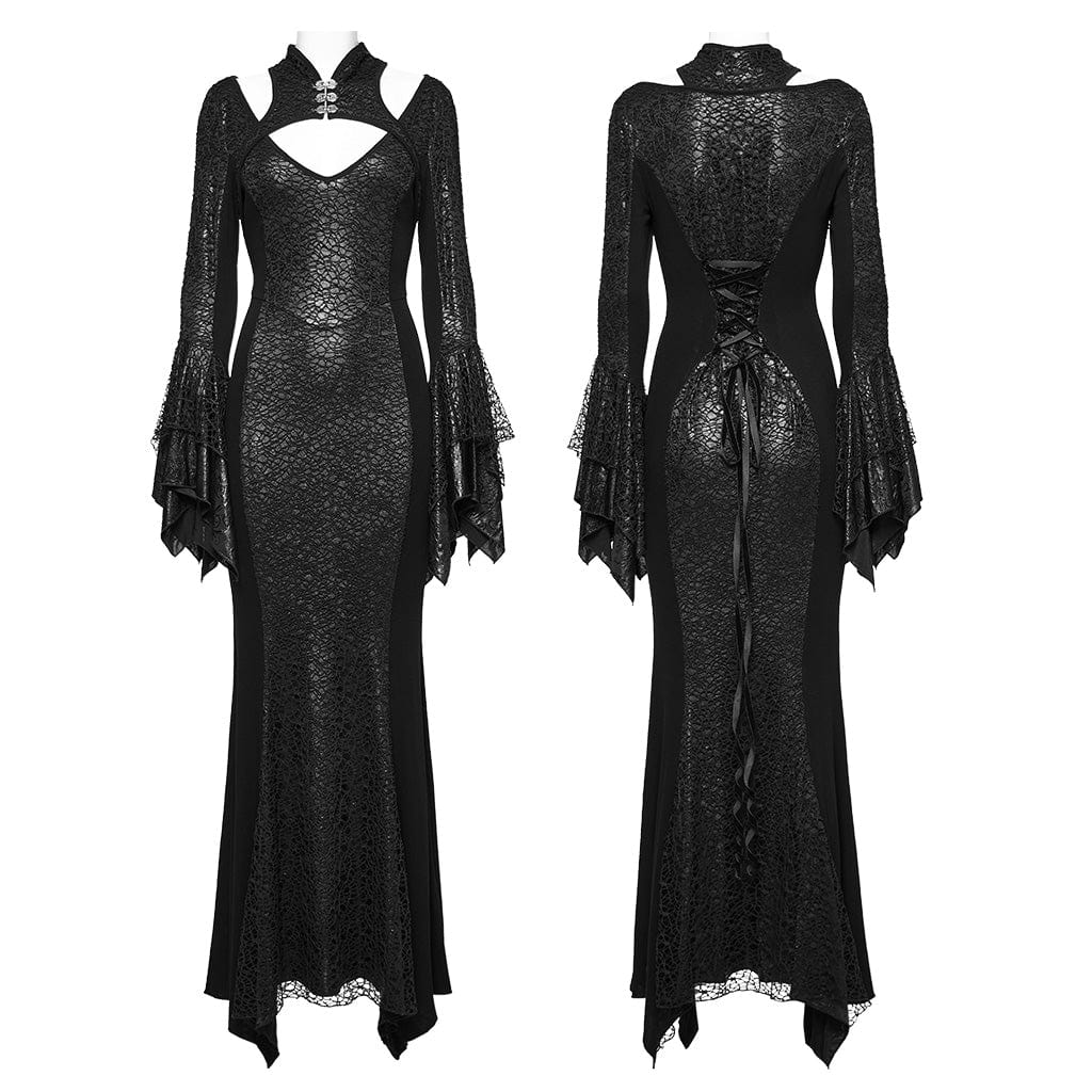 Women's Gothic Cheongsam Collar Fishtailed Gown Dress Black - Image 5