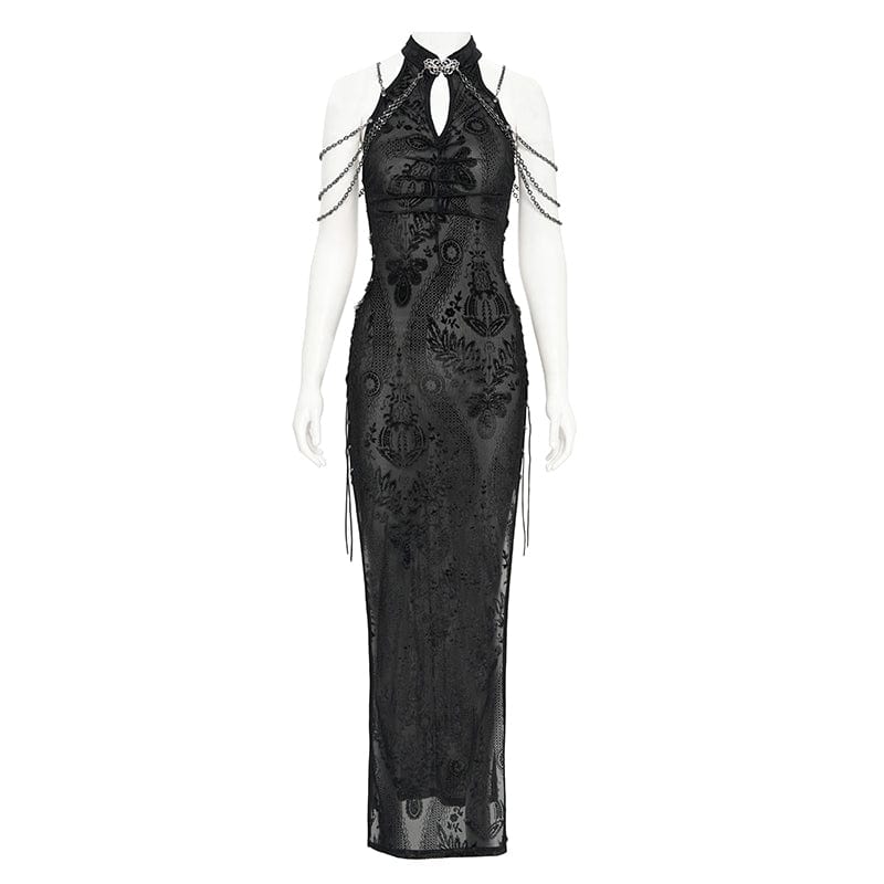 Women's Gothic Cheongsam Collar Side Slit Halterneck Prom Dress - Image 6