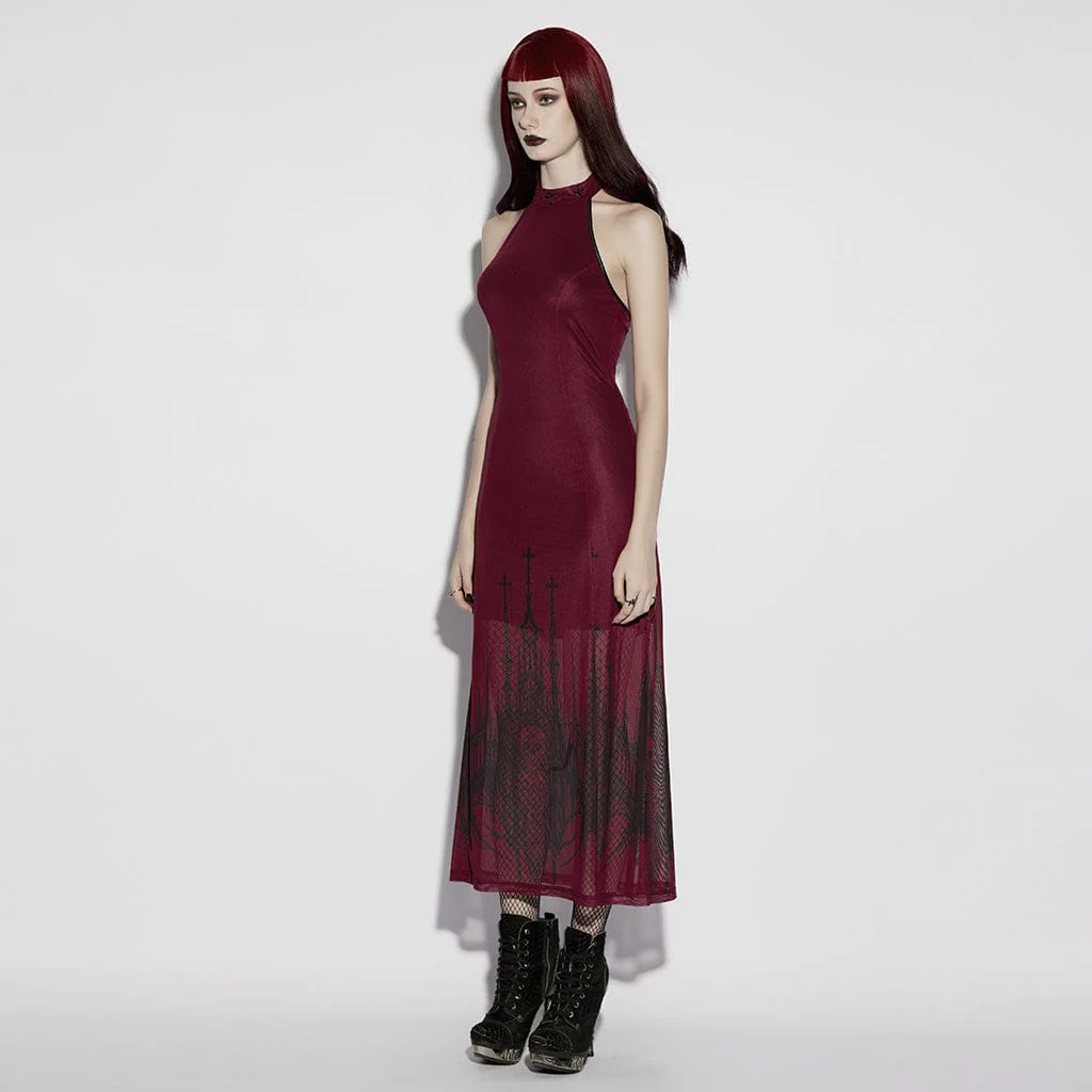 Women's Gothic Church Skull Printed Cross Halterneck Dress Graduation Dress - Image 2