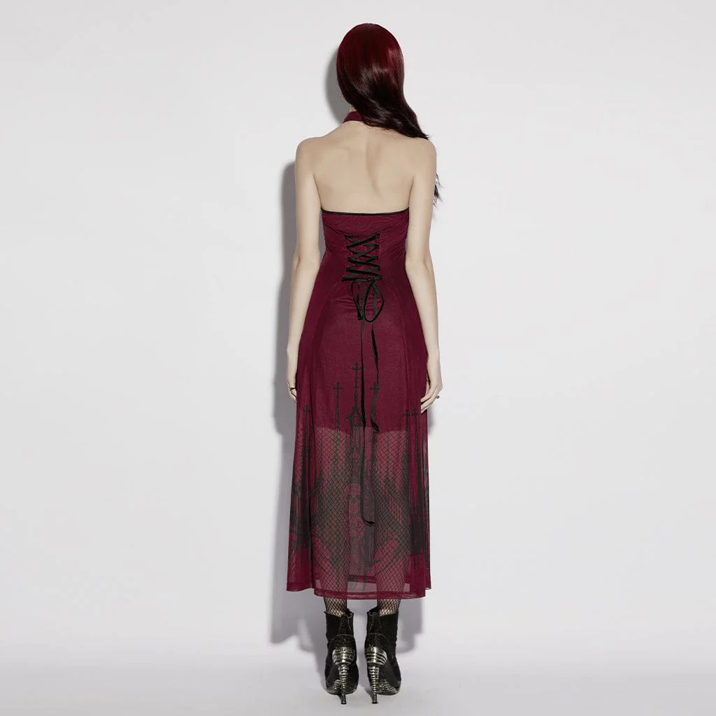 Women's Gothic Church Skull Printed Cross Halterneck Dress Graduation Dress - Image 3
