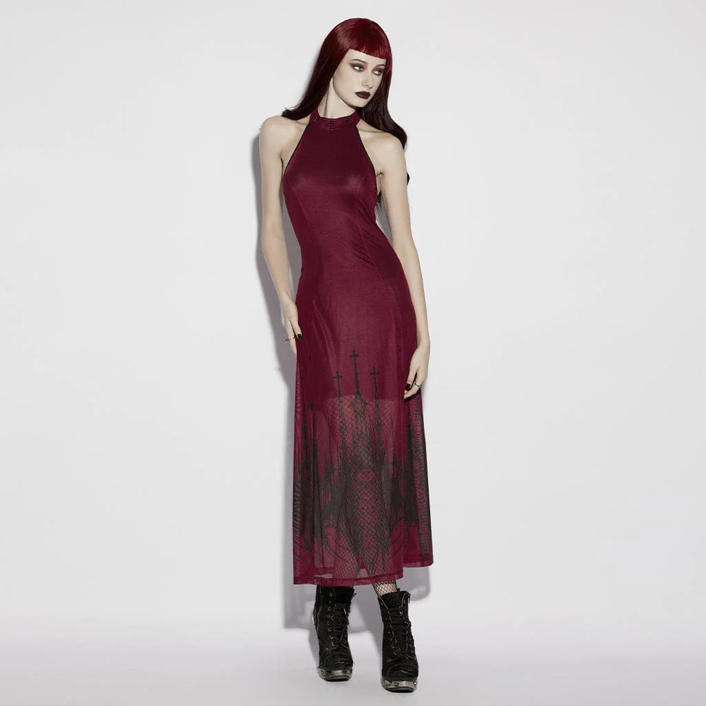 Women's Gothic Church Skull Printed Cross Halterneck Dress Graduation Dress - Image 4
