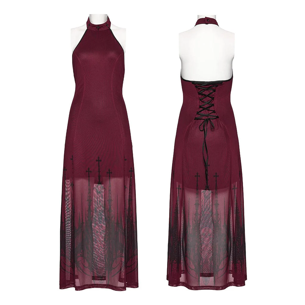 Women's Gothic Church Skull Printed Cross Halterneck Dress Graduation Dress - Image 5