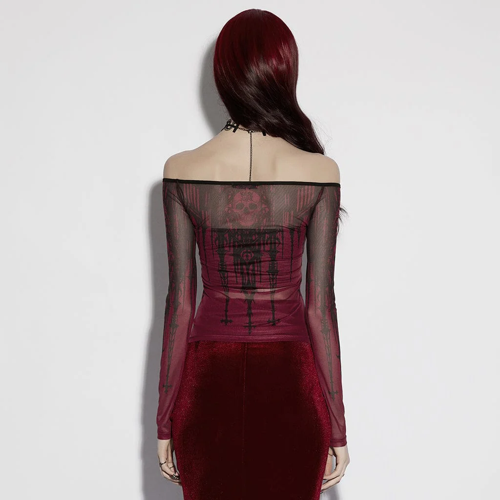 Women's Gothic Church Skull Printed Off Shoulder Mesh Top - Image 3