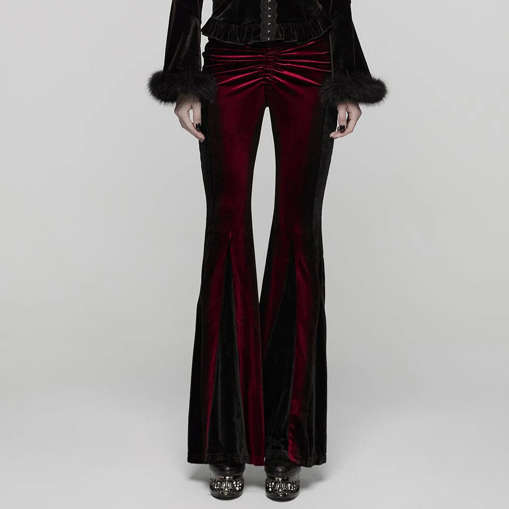 Women's Gothic Contrast Color Drawstring Velvet Flared Pants Red
