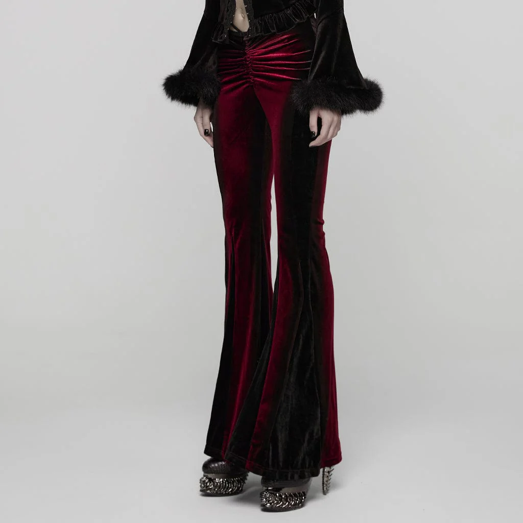 Women's Gothic Contrast Color Drawstring Velvet Flared Pants Red - Image 2