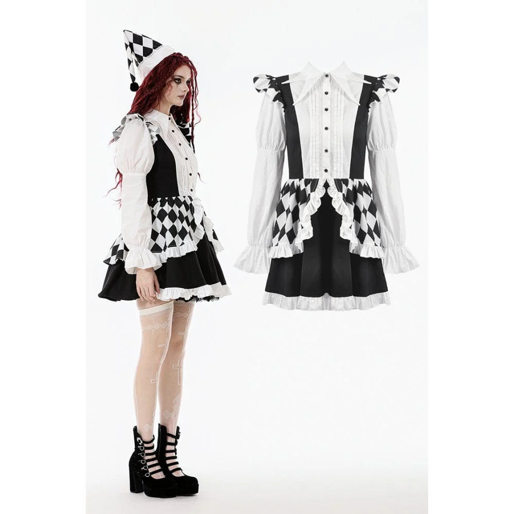 Women's Gothic Contrast Color Harlequin Puff Sleeved Dress