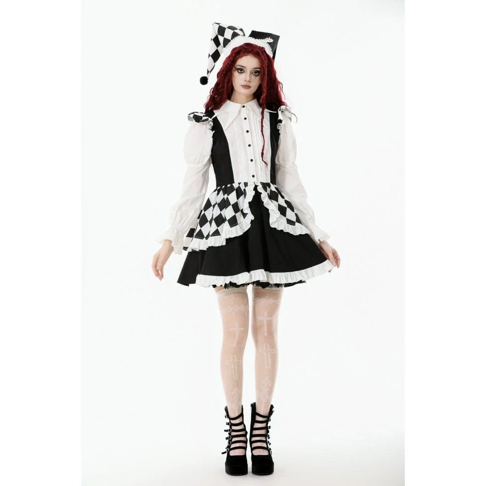 Women's Gothic Contrast Color Harlequin Puff Sleeved Dress - Image 2