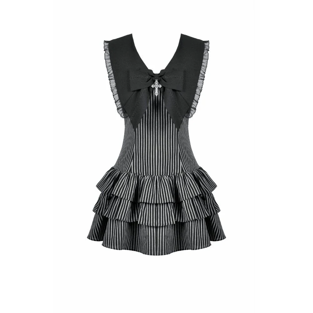 Women's Gothic Cross Bowknot Pinstripe Ruffle-Tier Dress Graduation Dress - Image 11