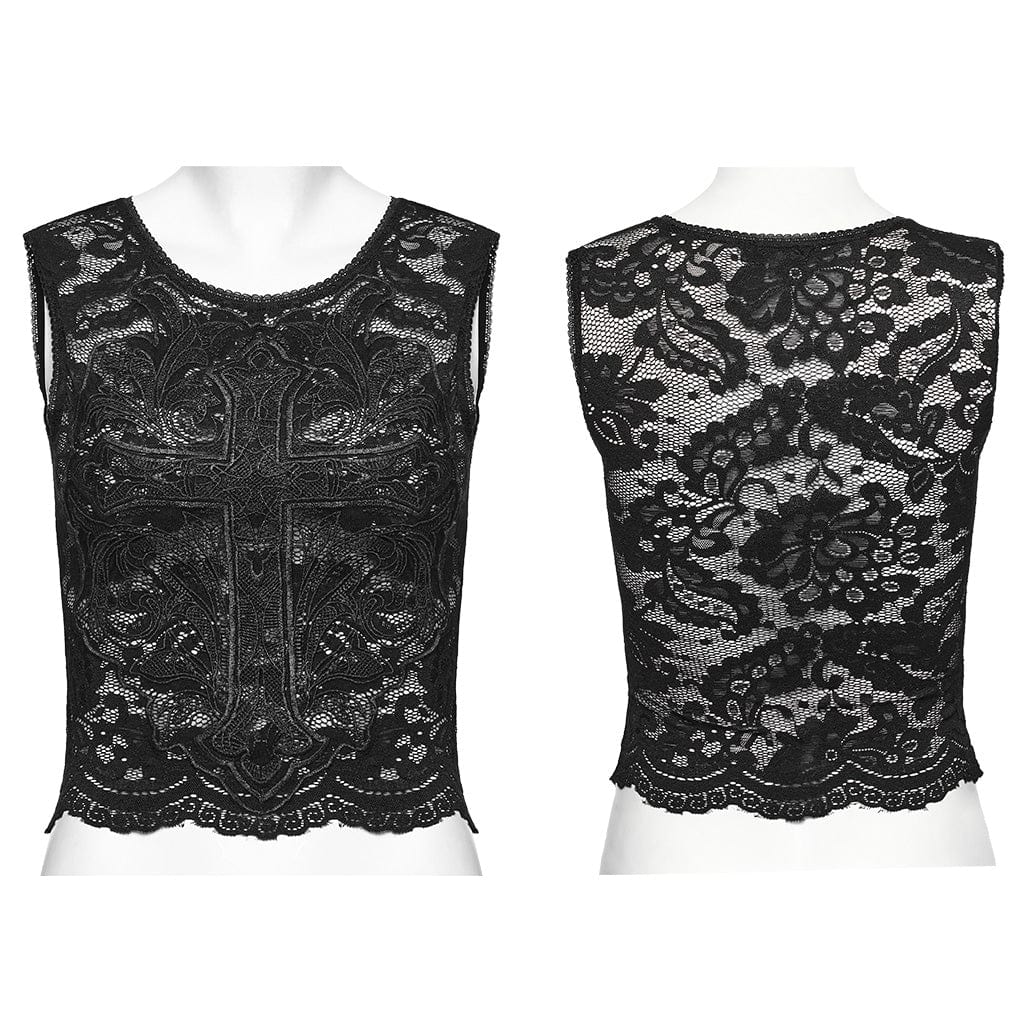 Women's Gothic Cross Embroidered Lace Tank Top - Image 5