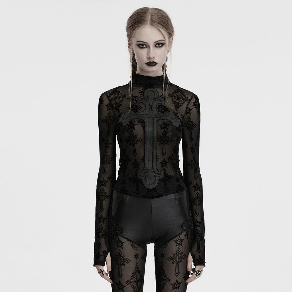 Women's Gothic Cross Flocking Mesh Sheer T-shirt - Image 4