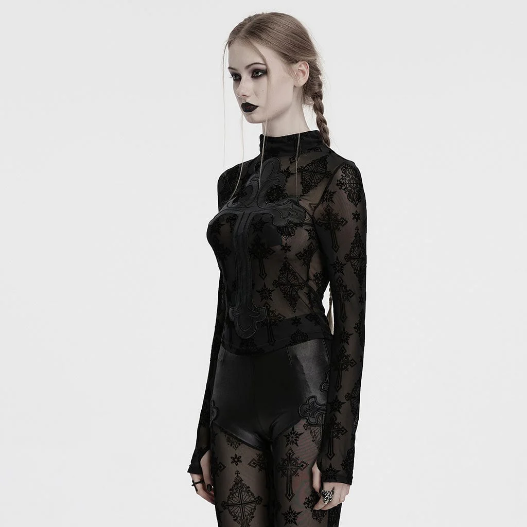 Women's Gothic Cross Flocking Mesh Sheer T-shirt - Image 5