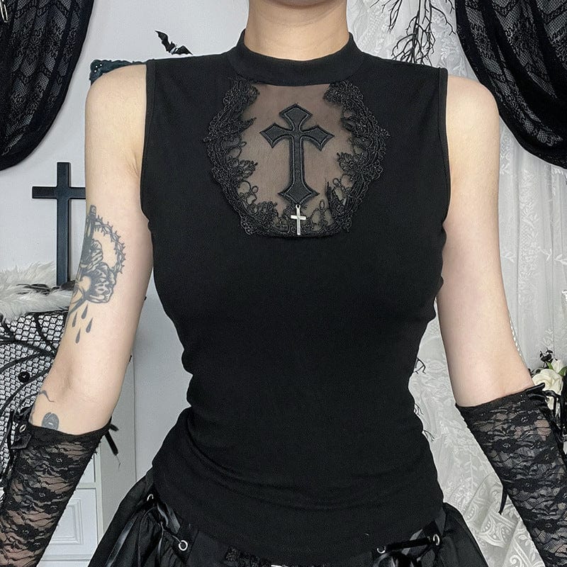 Women's Gothic Cross Mesh Splice Tank Top