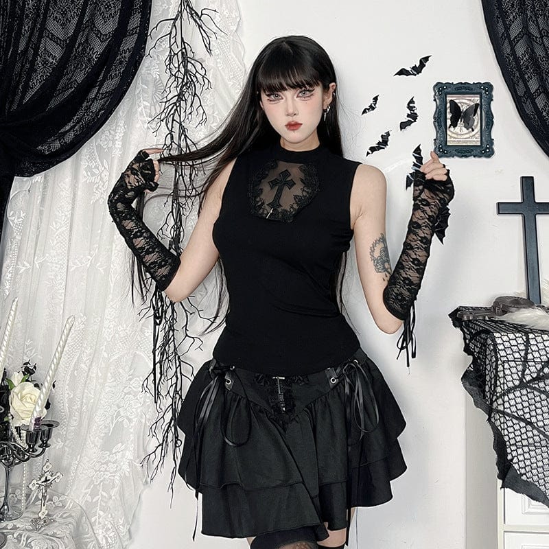 Women's Gothic Cross Mesh Splice Tank Top - Image 4