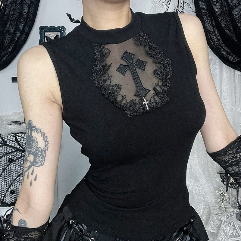 Women's Gothic Cross Mesh Splice Tank Top - Image 5