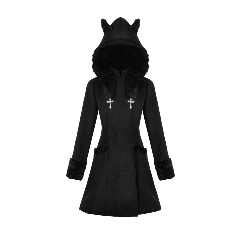 Women's Gothic Cross Plush Cat Ear Hooded Coat - Image 12