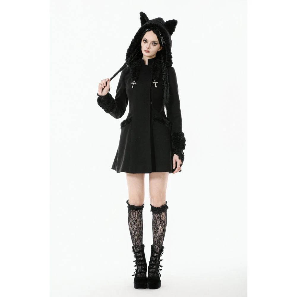 Women's Gothic Cross Plush Cat Ear Hooded Coat - Image 8