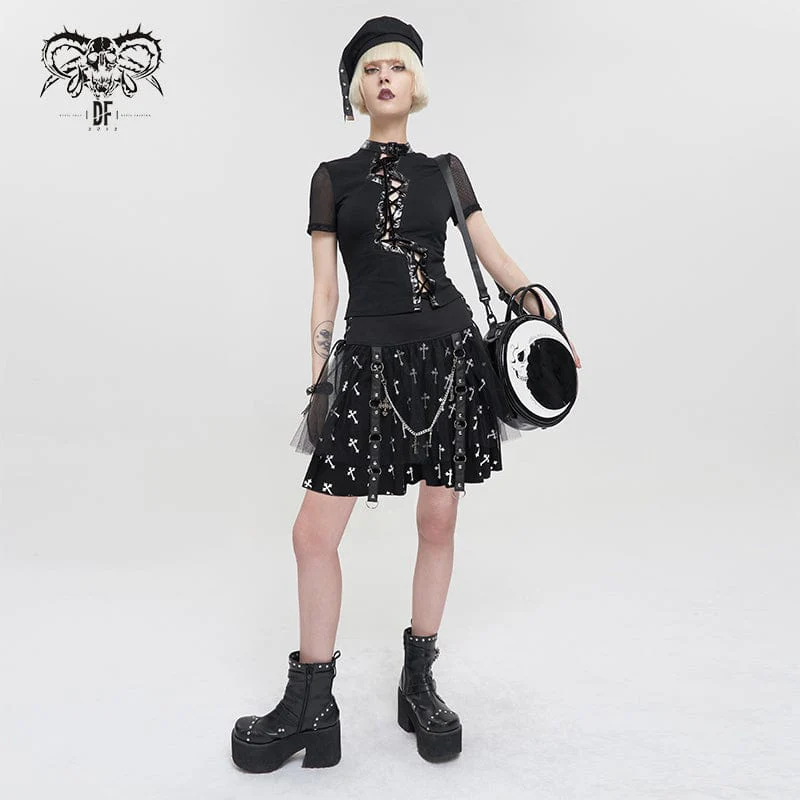 Women's Gothic Cross Printed Mesh Splice Chain Skirt - Image 5