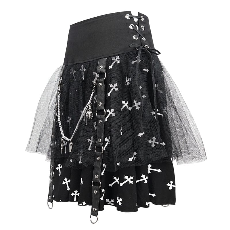 Women's Gothic Cross Printed Mesh Splice Chain Skirt - Image 8