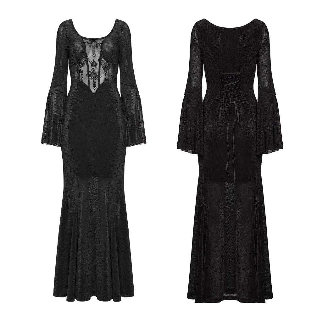 Women's Gothic Cross Square-cut Collar Flared Sleeved Dress Black Graduation Dress - Image 5