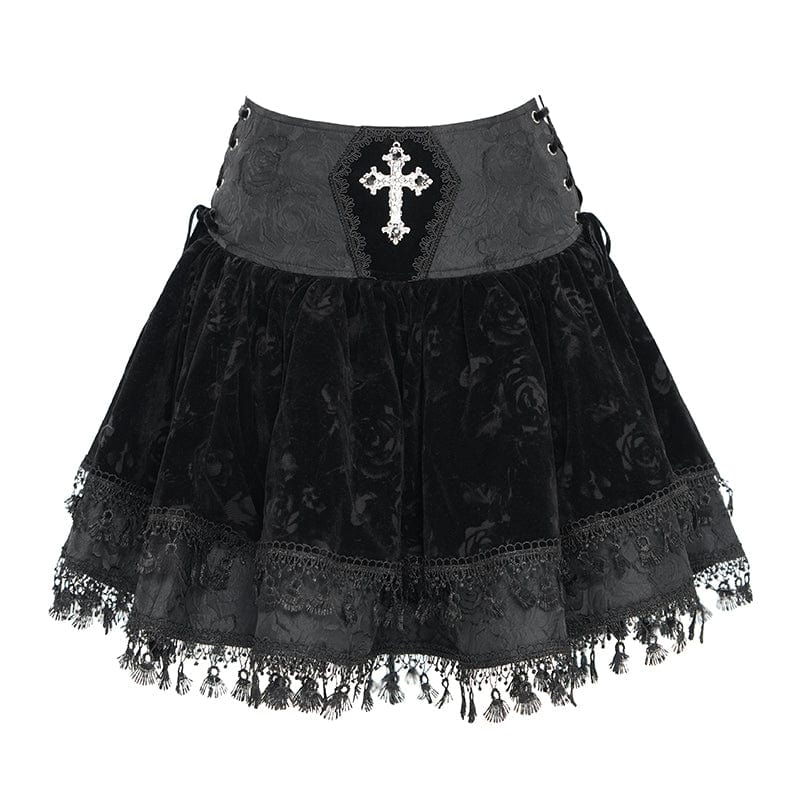 Women's Gothic Cross Tassel Velvet Skirt Black - Image 7