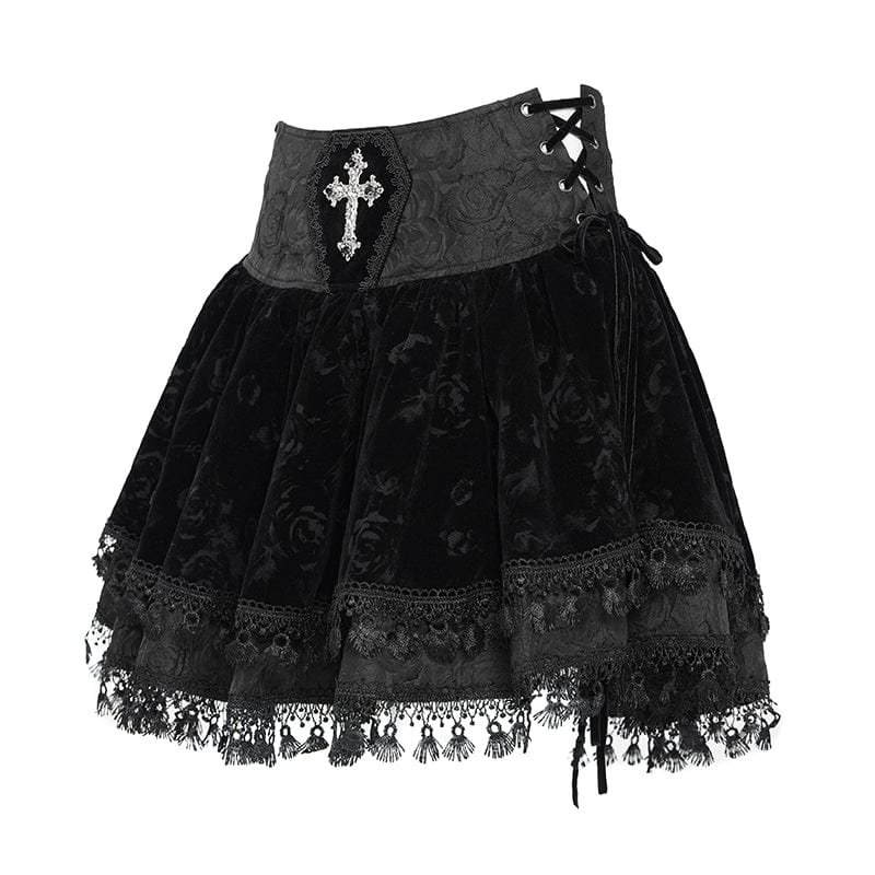 Women's Gothic Cross Tassel Velvet Skirt Black - Image 8