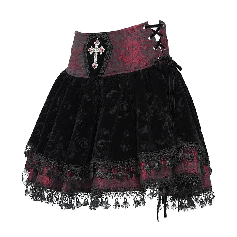 Women's Gothic Cross Tassel Velvet Skirt Red - Image 8