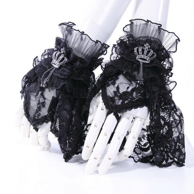 Women's Gothic Crown Half-finger Ruffled Lace Gloves Black