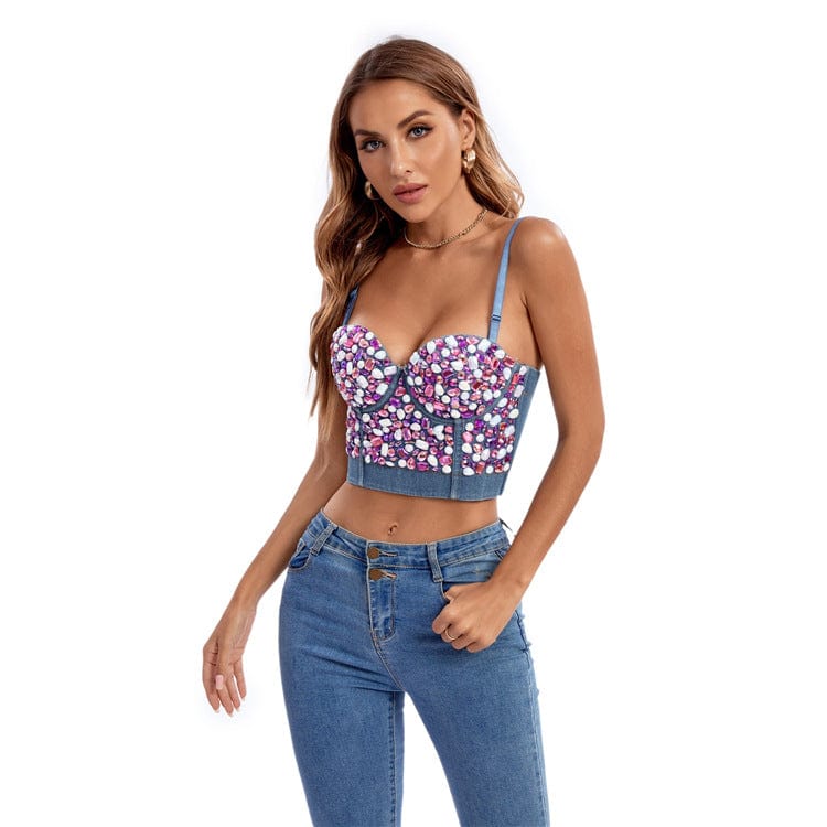 Women's Gothic Crystal Printed Denim Bustier - Image 4