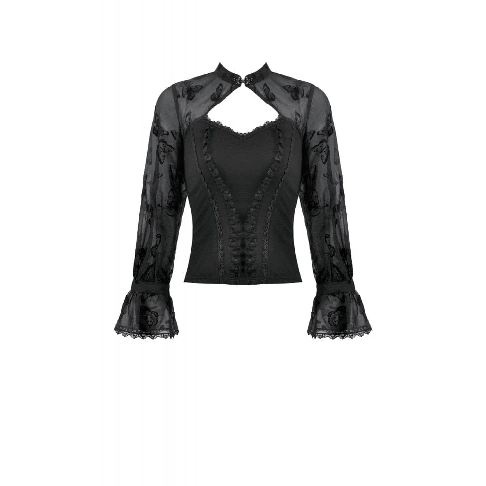 Women's Gothic Cut-out Butterfly Mesh Sleeves Shirt - Image 12