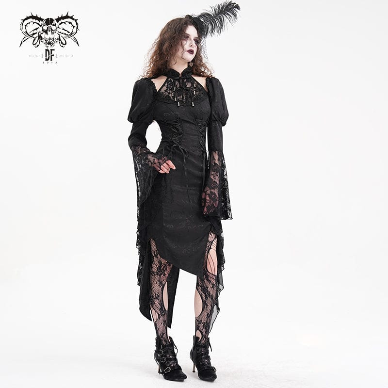 Women's Gothic Cut-out Lace-up Lace Irregular Hem Dress - Image 3