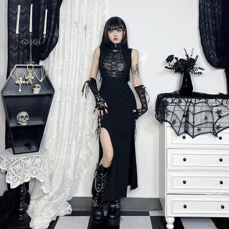 Women's Gothic Cut-out Side Slit Mesh Maxi Dress - Image 3