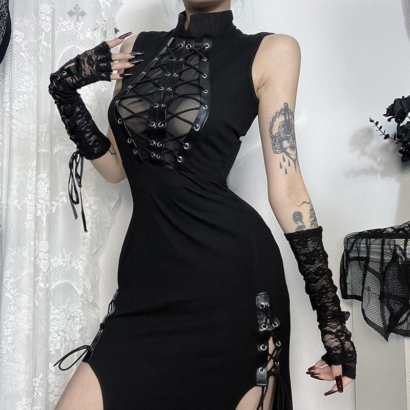 Women's Gothic Cut-out Side Slit Mesh Maxi Dress - Image 4